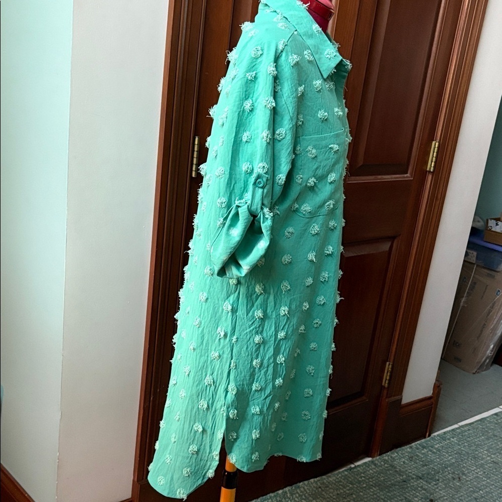 B  Dress shirt tail / collar V-neck 3/4 sleeves Chanille dot texture  dark mint